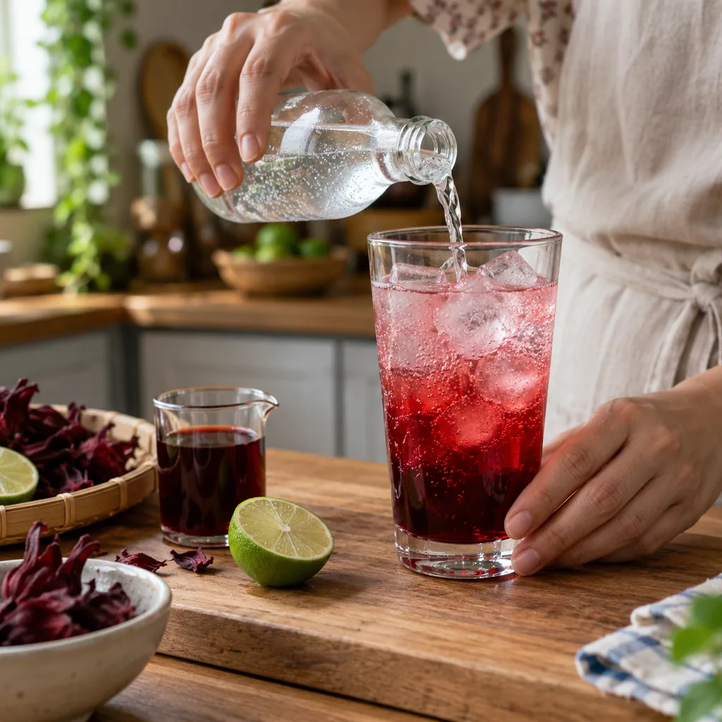 Rót soda vào siro atiso đỏ và đá để pha nước giải khát
